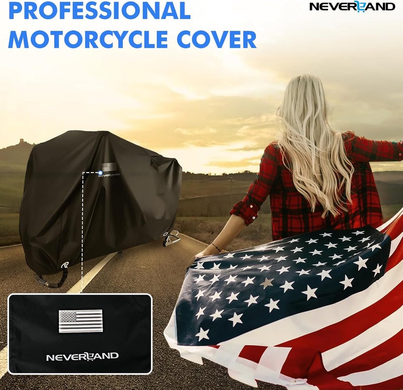 NEVERLAND Motorcycle Cover Waterproof Outdoor - Black Heavy Duty Scooter Cover, Motorbike Cover with Refletive Logo, Lock-Hole, Bandage, Storage Bag-Protect Against Dust, Debris, Rain and Weather(XXL) - Image 4